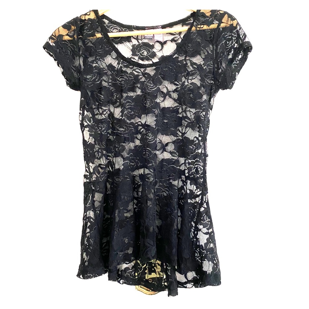 Black Rose Lace Short Sleeve Peplum Top - Witchcore
